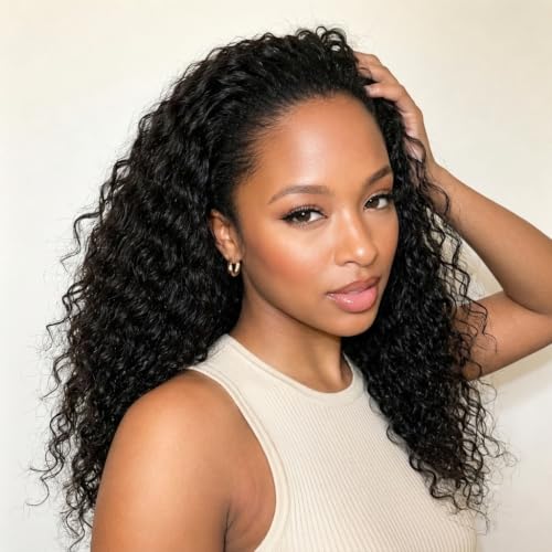 Half Wig Human Hair Deep Wave Demi Perruque sans Colle 180% Densité Perruque Cheveux Humain Perruque Bandeau Bouclée 3 In 1 Seamless Drawstring Headband Wig Couleur Naturelle (16 Pouces)