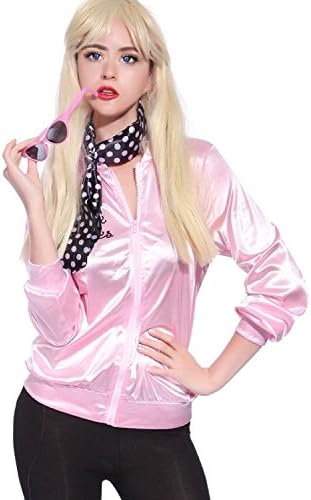 Crystalbella 1950s Pink Satin Ladies T-Bird Jacket Costume Fancy Dress With Rhinestone Primary Version S