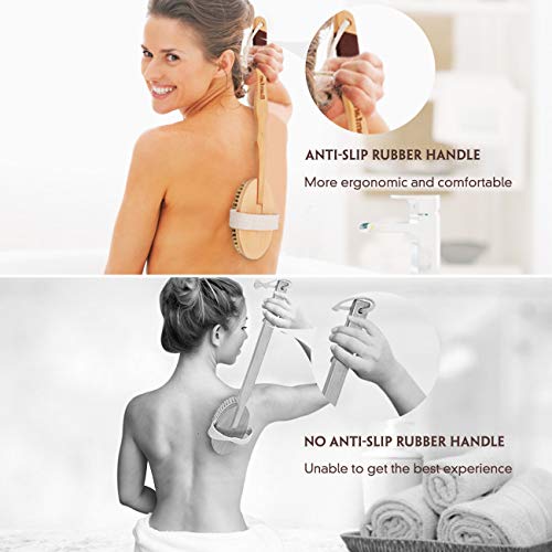 Bath Brush for Dry Skin Body Exfoliator Brushing - with Wood Long Handle and Anti-Slip Rubber for Shower - Thumbnail 4