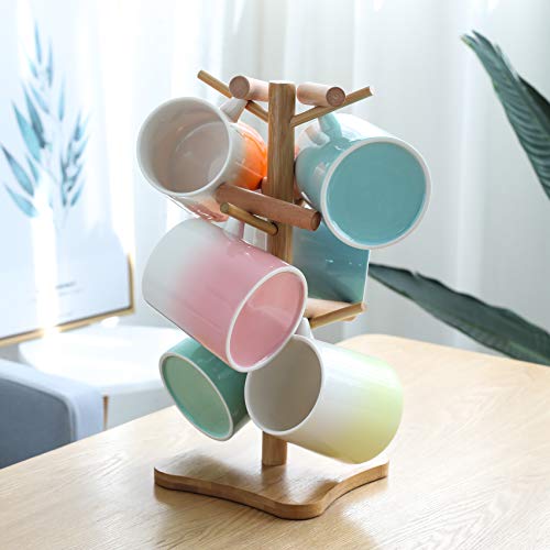 TEANAGOO MS026C Porcelain Mug with Wooden Handle - 16 Ounce for Coffee, Tea, Cocoa, Set of 6, Cold Assorted Colors
