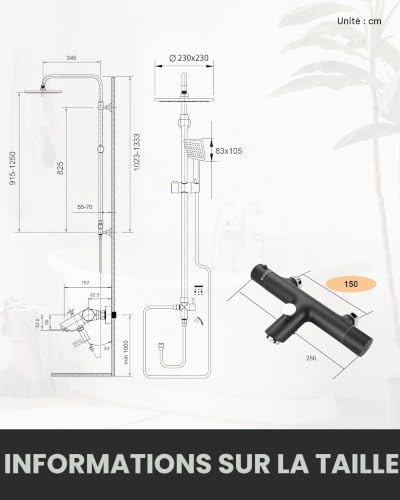 ARCORA Thermostatic Shower Column with 2 Modes Hand Shower and Large 360° Swivel Ceiling Shower Head, Telescopic Bar Adjustable in Height, G1/2 Connection, Black