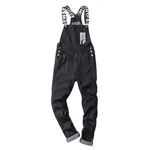 Men’s Slogan Letters Printed Black Denim Bib Overalls www.denim.fit