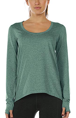 icyzone Long Sleeve Workout Shirts for Women-Women's Athletic Tops, Yoga Shirts, Thumb Hole Running Tops (S, Deep Green)