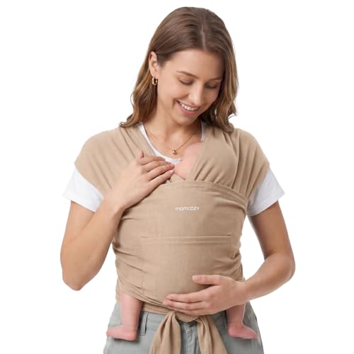 Momcozy Baby Wrap Carrier - Easy to Wear Infant Carrier Slings, Lightweight Hands Free Baby Sling, Adjustable Baby Wraps Carrier for Newborn to Toddler 8-35 lbs, Baby Travel Gear, Light Curry