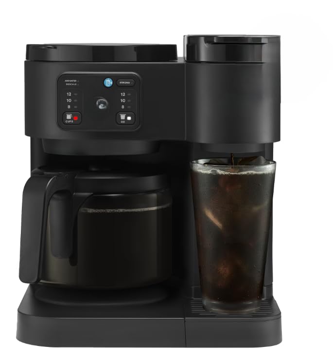 KeuriigK K Duo Essentials, Hot & Iced Single-Serve K Cup Pod Coffee Maker & Carafe, Multiple Sizes (8, 10, or 12 oz), 12 cup glass carafe, color Black