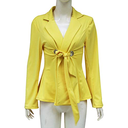 Sunward Womens Casual Work Office Open Front Bandage Blazer Jacket Yellow (XL, Yellow) - Thumbnail 4
