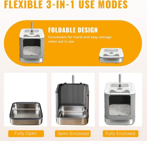 ORCHID M®Upgraded Fully Enclosed Cat Litter Box with Lid, Covered Cat Box Enclosure, Anti-Splashing Easy to Clean Kitty Litter Boxes with Drawer, Use from Kitten to Adult(White&Grey)