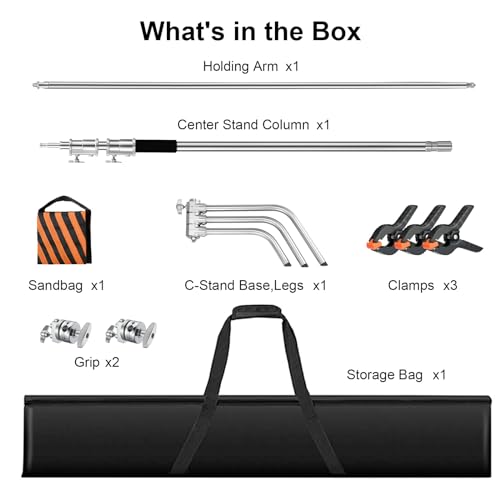 Heavy Duty C Stand 10.8ft/330cm with Holding Arm Carry Bag Sandbag 3*Clip 2*Grip Head Stainless Steel Photography Light Stand C-Stand Sturdy for Photography Studio Video Monolight Softbox Shooting