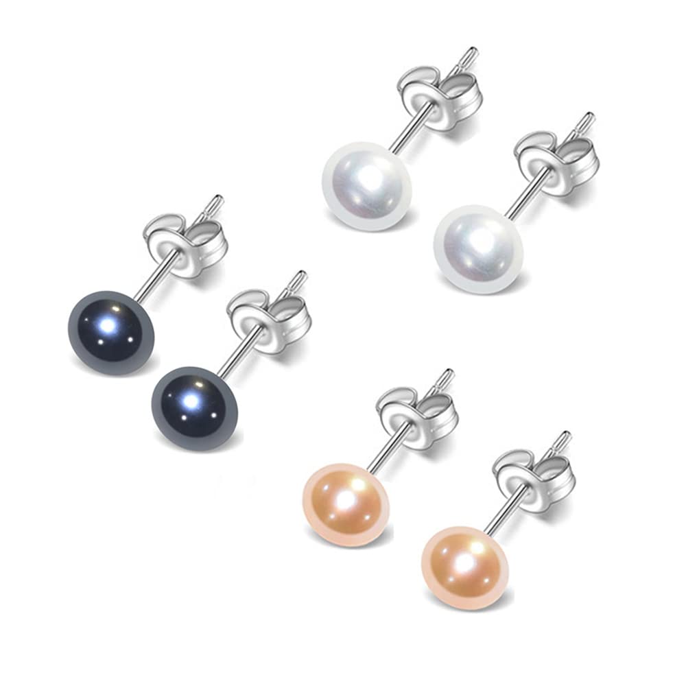 TreasureBay Women's Small Pearl Stud Earrings - Stunning 6mm Freshwater Pearl Stud Earrings With 925 Silver (6MM White-Black-Grey) — image 1