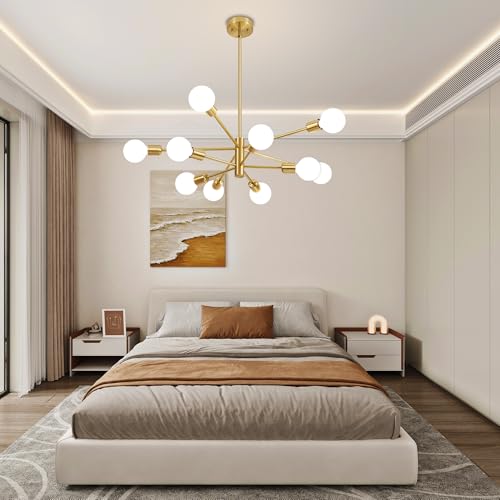 Deyidn - Lámpara de araña moderna dorada de mediados de siglo, 10 luces E26 para sala de estar, cocina, dormitorio, comedor y granja