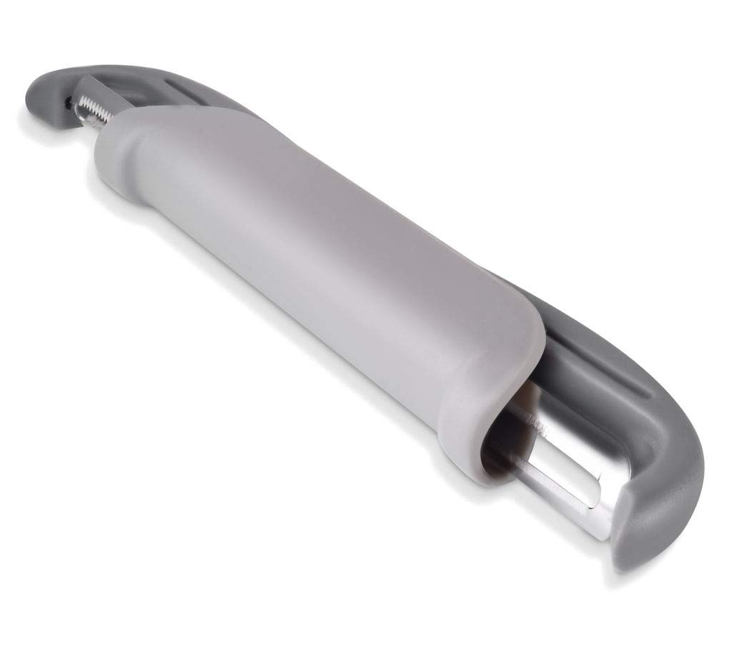 Rockland Guard Peel & Slide Double Sided Peeler - Stainless Steel Swivel, Serrated, Julienne Blade for Hard and Soft Skin Fruits and Vegetables (Grey)