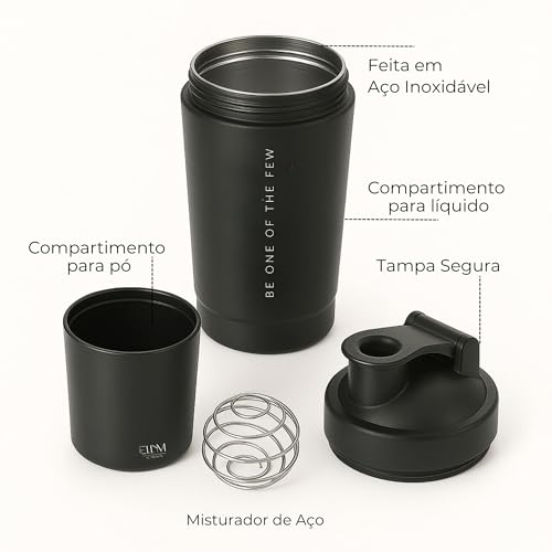 Coqueteleira Aço Inox 600ml com Compartimento Inferior ELLYM NUTRITION Misturador Ideal Shakes (Preto)