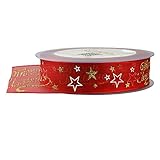 Fowod Merry Christmas Star Ribbon,22 Yard/66 Feet,1 Inch Wide (Red)