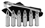 Bullet Shaped Whiskey Stones - Chills Drinks - Stainless Steel Gift Set - 6 Stones Rocks Cubes for Chilling Vodka, Whiskey & Scotch - Tongs & Storage Bag - Alcohol Ammo