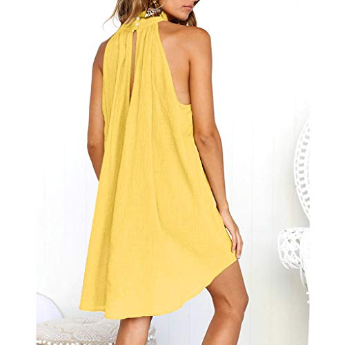 Mysky Women Summer Popular Bohemian Sweet Floral Halter Sleeveless Irregular Hem Pure Color Mini Dress Yellow