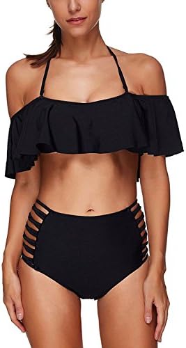 Women Ruffled Off Shoulder Bikini Set 2 Piece Swimsuits BlackMedium