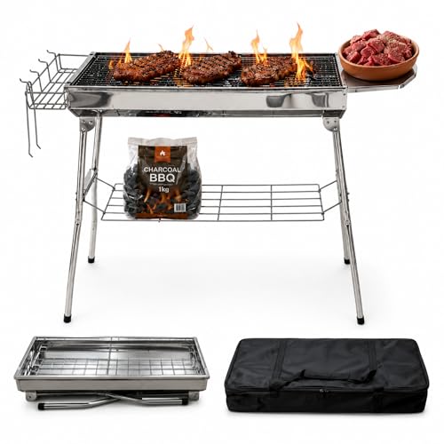 Asador Portatil Plegable para Carbon, Parrilla de Acero Inoxidable, Asador con Asa Facil de Limpiar y Transportar | ECOMLAB