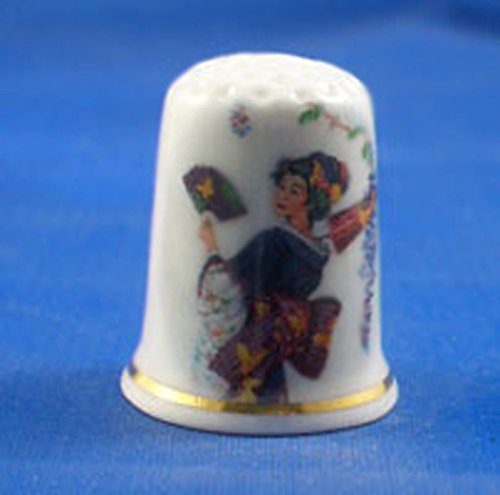 Porcelain China Collectable Thimble - Japanese Kimono Lady with Fan with Free Gift Box