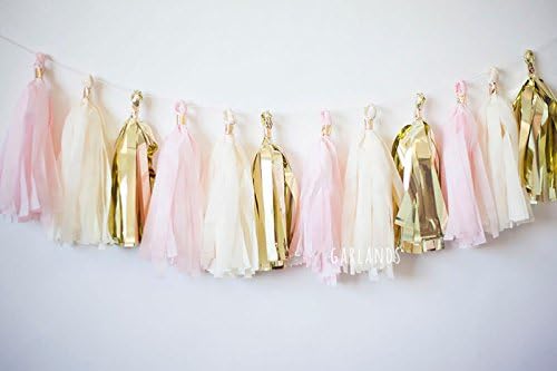 Hand Made 15 x Gold Pink Cream Apricot Tissue Paper Tassels for Party Wedding Gold Garland Bunting Pom Pom by Originals Group