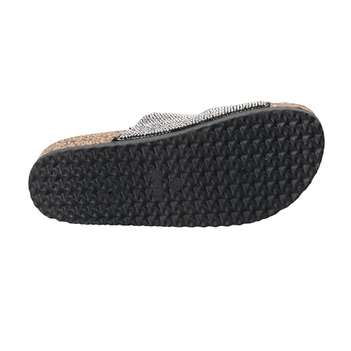 JOMIX Women's Flip Flops with Rhinestones Double Strap Sandals with Adjustable Buckle and Soft Cork Summer Clogs Comfortable Footwear