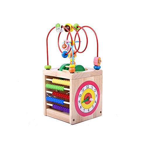 CCGTOY 6 in 1 Wooden Bead Maze Activity Cube Mult-IPurpose Activity Center Box Educational Skill Improvement Wood Toys for Kids