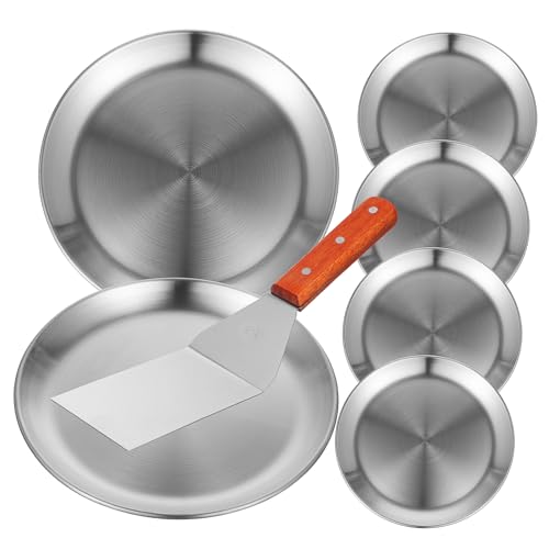 MAGICLULU 6Pcs Pizza Tray Stainless Steel Non Stick Baking Pans with Smooth Edges High Temperature Resistance for Ovens and Serving Desserts Includes Pizza Shovel
