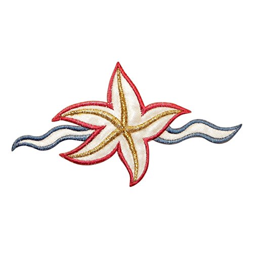 ID 0324 Starfish & Waves Outline Patch Sea Life Embroidered Iron On Applique