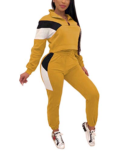 Women Two Piece Tracksuit Sets 1/4 Zip Long Sleeve Jacket and Long Pant Activewear Set Yellow XXL
