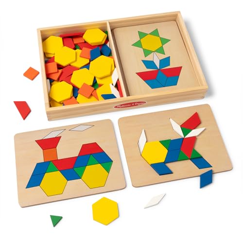 Melissa & Doug Pattern Blocks and Boards with 120 Multi-Colored Wooden Shape Tiles, 5 Double-Sided Puzzle Boards, Tangram Puzzles, Montessori Toys for Girls & Boys