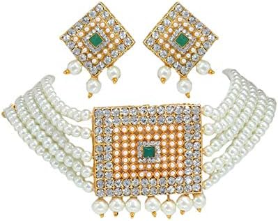 Padmawati Traditional Modern Style Square Pattern Pearl Choker Necklace Earring Jewelry Set for Women & Girls