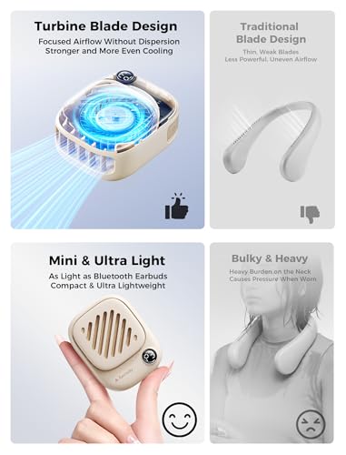 Aecooly Mini Portable Neck Fan, Mighty Hands Free Fan, Magnetic Fit Click 01 USB Rechargeable[10H Max Cooling Time], Battery Operated Wearable Personal Fan for Travel, Summer, Gifts for Women - Beige