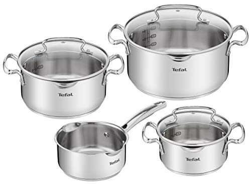 Duetto Lot de 7 pièces : 3 casseroles 16/20/24 cm, 1 casserole 16 cm, 3 couvercles en acier inoxydable, 3 couvercles en verre, marques de mesure, toutes sortes de cuisines, passe au four et au
