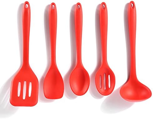 Easehold Silicone Kitchen Utensils Set Slotted Turner Soup Ladle Tea Slotted Salad mixing spoon (5 Piece Set Red)
