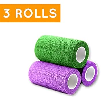 WePet Vet Wrap, Vet Tape Bulk Self-Adherent Gauze Rolls Non-Woven Cohesive Bandage First Aid for Dogs Cats Horses Birds Animals Strong Sports Tape 4 Inch x 3 Rolls (2 Purple, 1 Green)