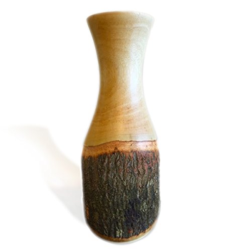 roro Wood Carafe Shaped Vase with rustic bark, handcarved 10.5 Inch