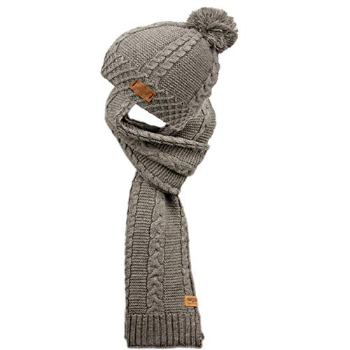 Unisex Winter Warm Cable Knit Scarf with Complementing Pompom Slouchy Beanie (Charcoal)