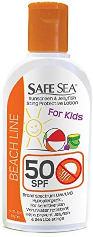 Safe Sea Anti Jellyfish Sunblock, SPF50 Lotion for Adults & Kids, Protects Against Jelly & Sea Lice Stings, Hypoallergenic (SPF50 for Kids, 4oz Bottle, Pack of 12)