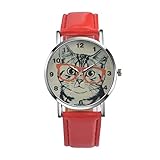 Womens Quartz Watch COOKI Clearance Cat Analog Female Watches Lady Watches on Sale Leather Watch-H78 (Red)