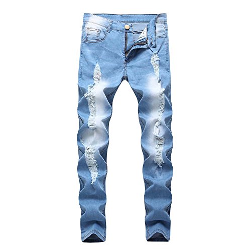 TIMEMEANS Men Slim Biker Zipper Denim Jeans Skinny Frayed Pants Distressed Rip Trousers - Thumbnail 7