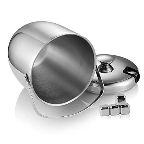MLO E-CO Ice Bucket with ice Tongs and lid, Insulated Stainless Steel Ice Bucket with 4 Ice Cubes, Double Walled, 2.8 Litre