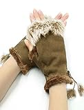 Ladies Manmade Cony Hair Decor Red Faux Suede Fingerless Gloves Mitten Pair