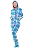 Alexander Del Rossa Womens Fleece Onesie, Hooded Footed Jumpsuit Pajamas, Small Teal and Pink Plaid (A0322P96SM)