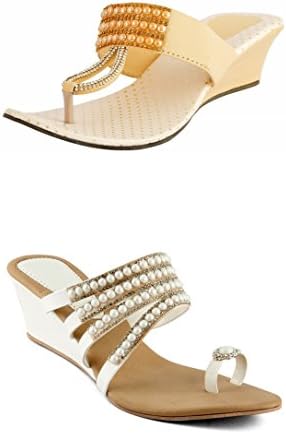 Red Choice Collectio Wome Desiger Stone Wedges White & Beige Combo of 2 Pair