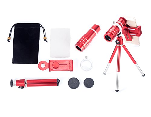 Cell Phone Camera Zoom Lens Kit, 12X HD Telephoto Lens, Professional Manually Focus Optical Telescopic Lens Stand-Kit for iPhone, Samsung and Most Smartphones by Vortech (12X Red)
