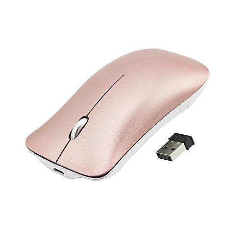 Ultra Thin 2.4GHz Wireless Mouse Rechargeable Silent Click Optical Slim Cordless Mice with USB Receiver 3 Adjustable DPI 4 Buttons for Laptop PC Computer Mac Macbook (Pink)