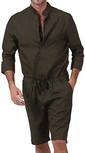 Gafeng Mens Romper Jumpsuit Shorts 3/4 Sleeve Casual Button Down Workout Hippie Summer Elastic Waist Overalls