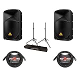 Behringer 2 Pack EUROLIVE B112D High-Power 2-Way Active PA Speaker System with Wireless Option and Integrated Mixer, 2 Pack 15' 8mm XLR Mic Cable, JamStands Tripod-Style Speaker Stand Pair