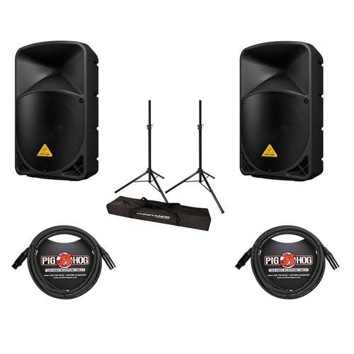 Behringer 2 Pack EUROLIVE B112D High-Power 2-Way Active PA Speaker System with Wireless Option and Integrated Mixer, 2 Pack 15' 8mm XLR Mic Cable, JamStands Tripod-Style Speaker Stand Pair