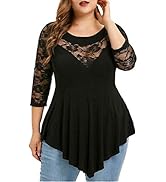 Plus Size Tops for Women, Lace Stitching Round Neck Blouse Tees Irregular Pleated Short Sleeve T-...