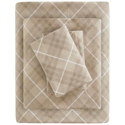 SLEEP PHILOSOPHY True North Cozy Flannel Warm 100% Cotton Sheet - Novelty Print Animals Stars Cute Ultra Soft Cold Weather Bedding Set, Cal King, Tan Plaid 4 Piece